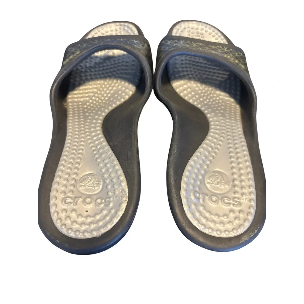 Crocs Wedge Sandals Sassari 7 Black Geometric Pattern Open Toe Slip On
